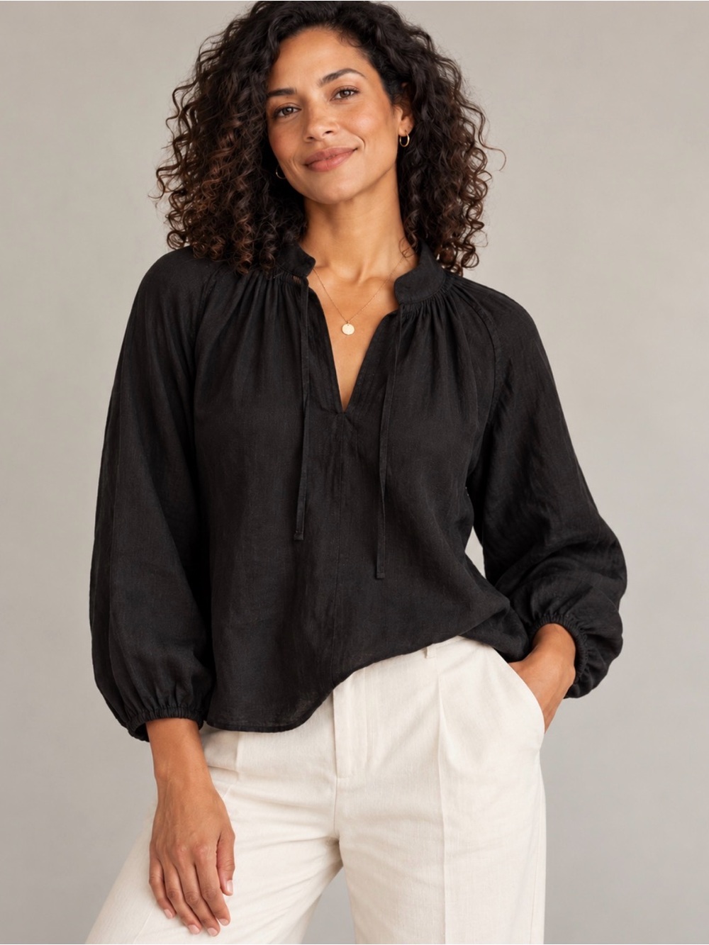 AYR Black 100% Linen peasants Blouse – Size M